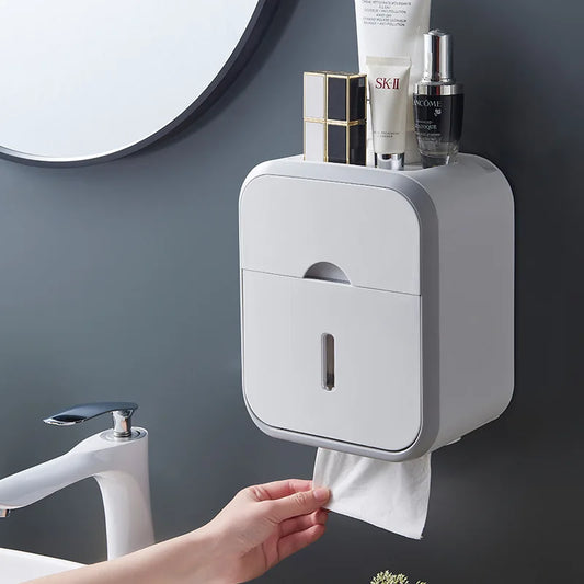 Tissue Box  Multi-functional wall-mounted toilet paper holder box  Waterproof No-Punch Toilet Paper Organiser  Bathroom Storage